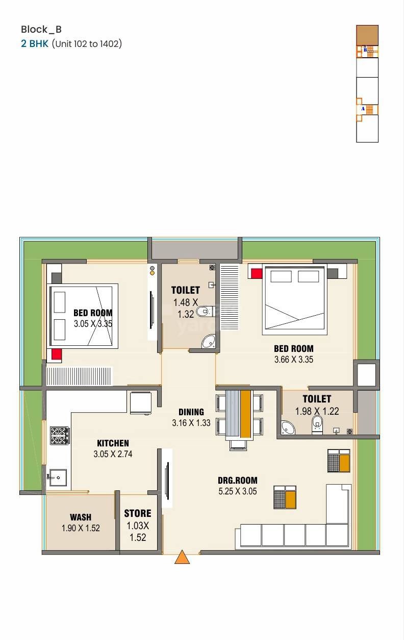 Floor plan of 2 BHK 679 Sq. Ft. Apartment in RR Alaska Skyview, Ahmedabad