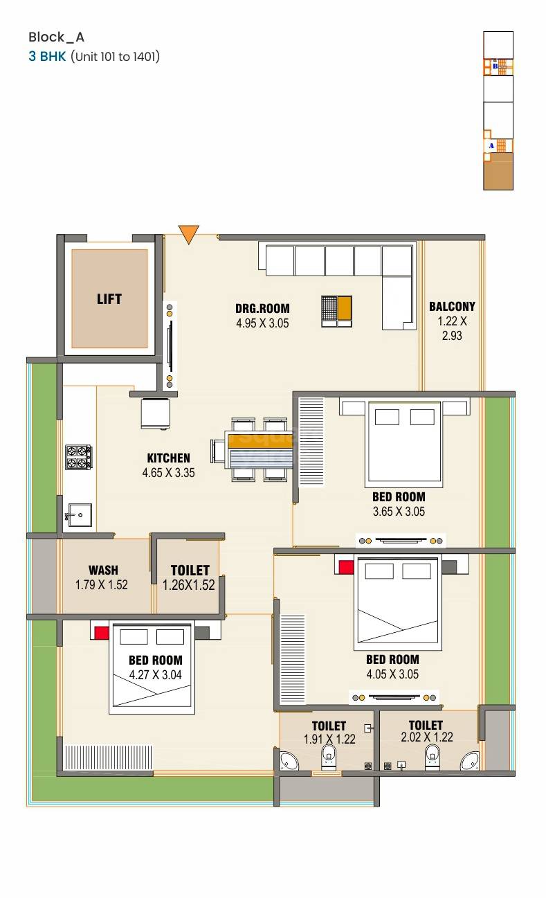 Floor plan of 3 BHK 849 Sq. Ft. Apartment in RR Alaska Skyview, Ahmedabad