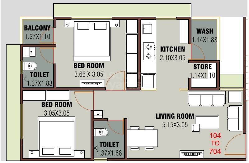 Floor plan of 2 BHK 576 Sq. Ft. Apartment in RS Nihar Nilayam, Ahmedabad