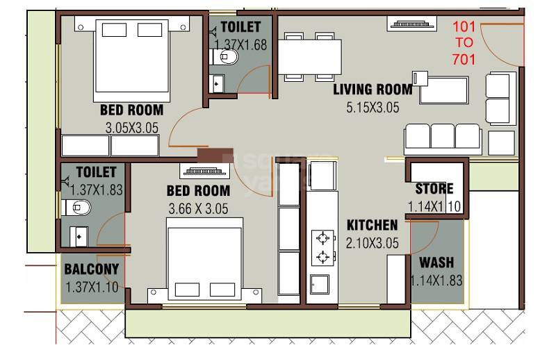 Floor plan of 2 BHK 622 Sq. Ft. Apartment in RS Nihar Nilayam, Ahmedabad