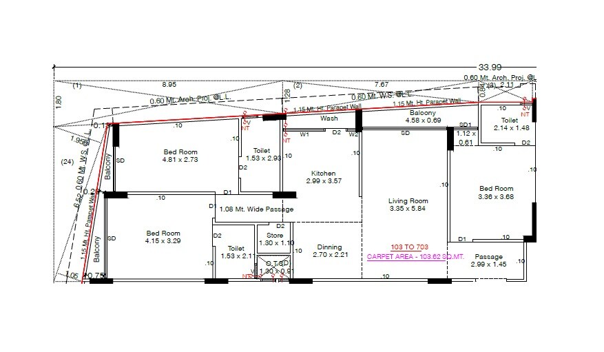 Floor plan of 3 BHK 1115 Sq. Ft. Apartment in Rushabh Mangalam, Ahmedabad