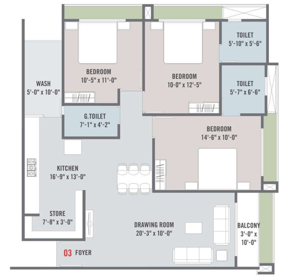 Floor plan of 3 BHK 942 Sq. Ft. Apartment in Rushant Shreeram Apartment, Ahmedabad