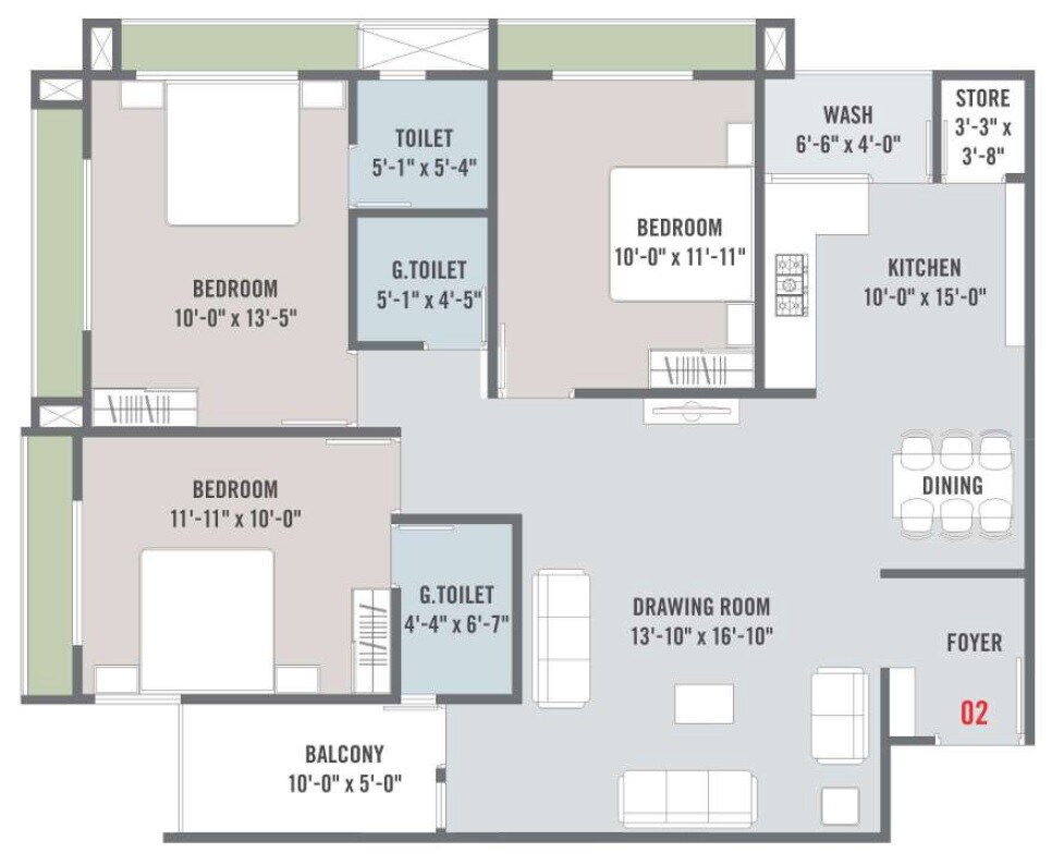 Floor plan of 3 BHK 964 Sq. Ft. Apartment in Rushant Shreeram Apartment, Ahmedabad