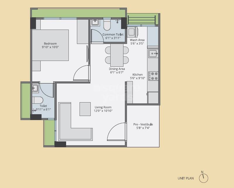 Floor plan of 1 BHK 800 Sq. Ft. Apartment in Saanvi Aarambh, Ahmedabad