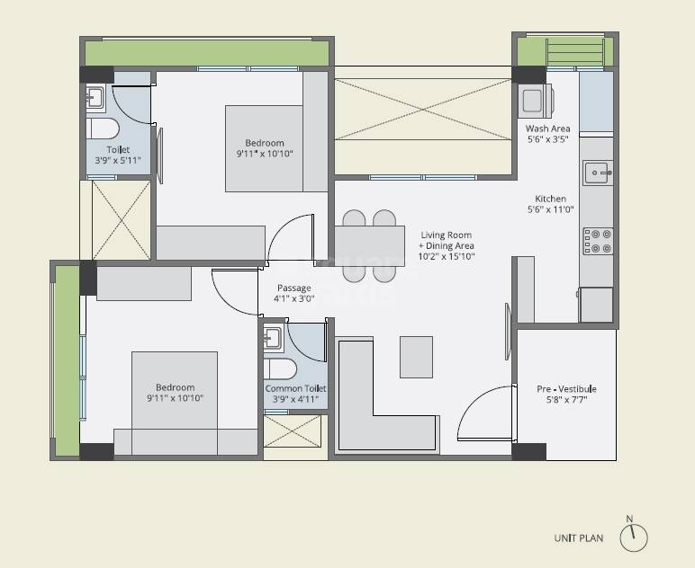 Floor plan of 2 BHK 1000 Sq. Ft. Apartment in Saanvi Aarambh, Ahmedabad