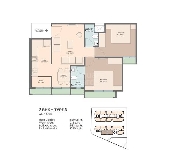 Floor plan of 2 BHK 530 Sq. Ft. Apartment in Saanvi Aarambh Prime, Ahmedabad