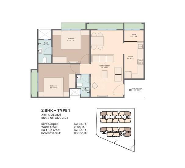 Floor plan of 2 BHK 571 Sq. Ft. Apartment in Saanvi Aarambh Prime, Ahmedabad