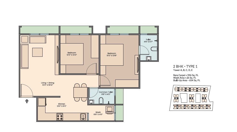 Floor plan of 2 BHK 596 Sq. Ft. Apartment in Saanvi Aarambh Vistara, Ahmedabad