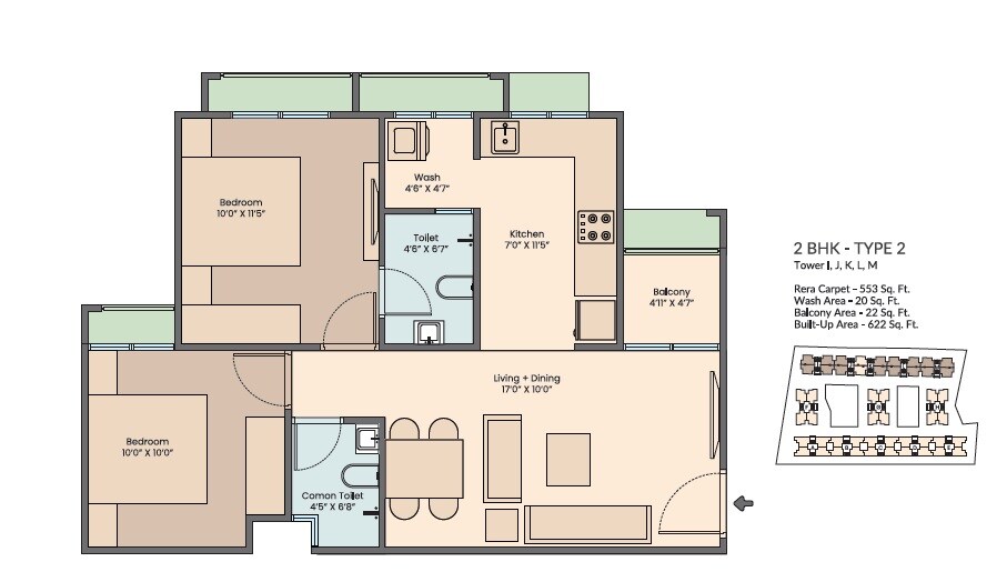 Floor plan of 2 BHK 553 Sq. Ft. Apartment in Saanvi Aarambh Vistara, Ahmedabad