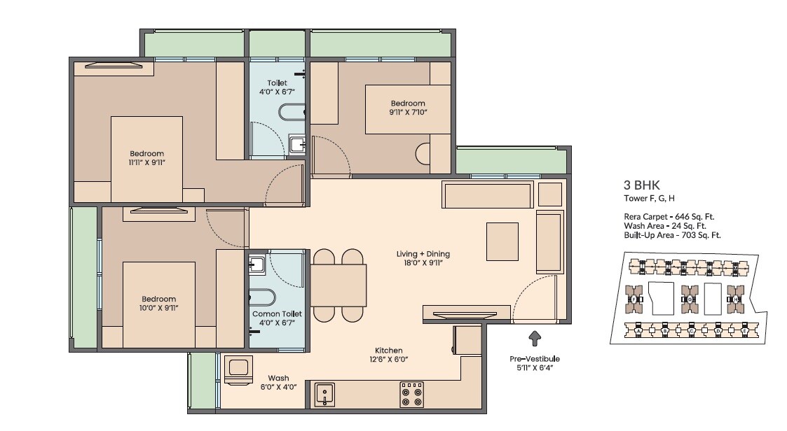 Floor plan of 3 BHK 646 Sq. Ft. Apartment in Saanvi Aarambh Vistara, Ahmedabad