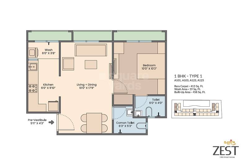 Floor plan of 1 BHK 413 Sq. Ft. Apartment in Saanvi Aarambh Zest, Ahmedabad