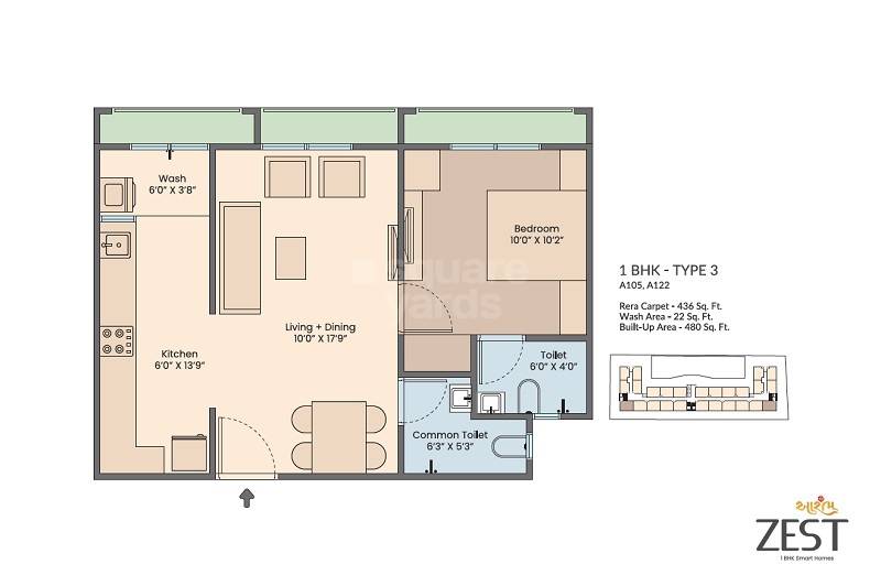 Floor plan of 1 BHK 436 Sq. Ft. Apartment in Saanvi Aarambh Zest, Ahmedabad