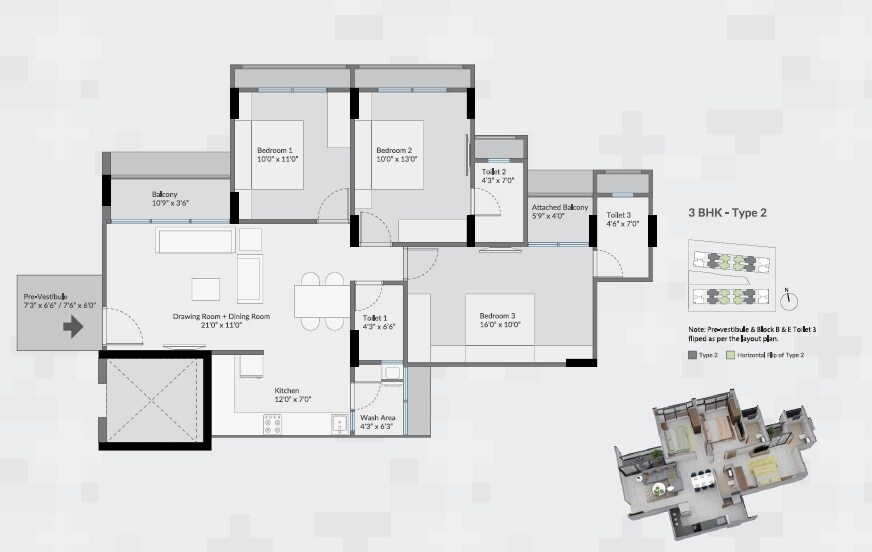 Floor plan of 3 BHK 775 Sq. Ft. Apartment in Saanvi Nirman Stellar, Ahmedabad