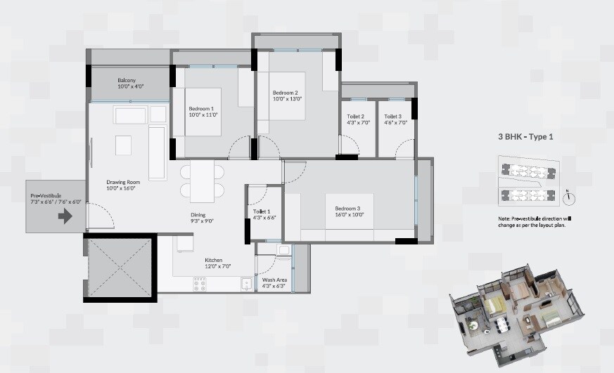 Floor plan of 3 BHK 893 Sq. Ft. Apartment in Saanvi Nirman Stellar, Ahmedabad