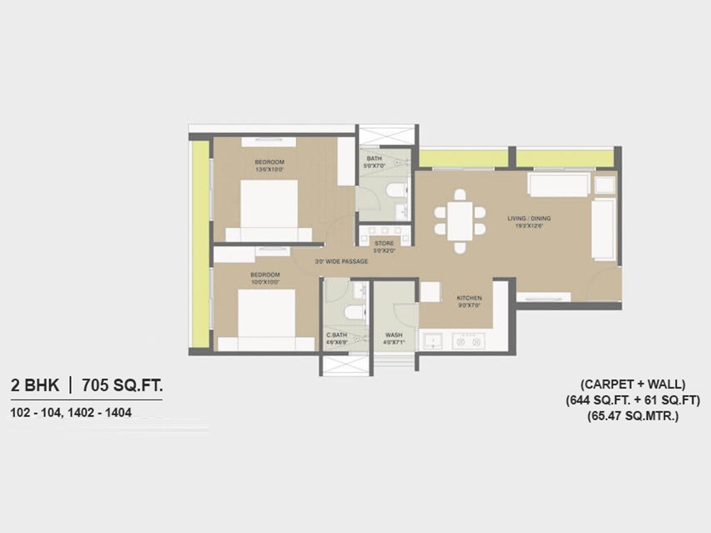 Floor plan of 2 BHK 1175 Sq. Ft. Apartment in Saanvi Sky One, Ahmedabad