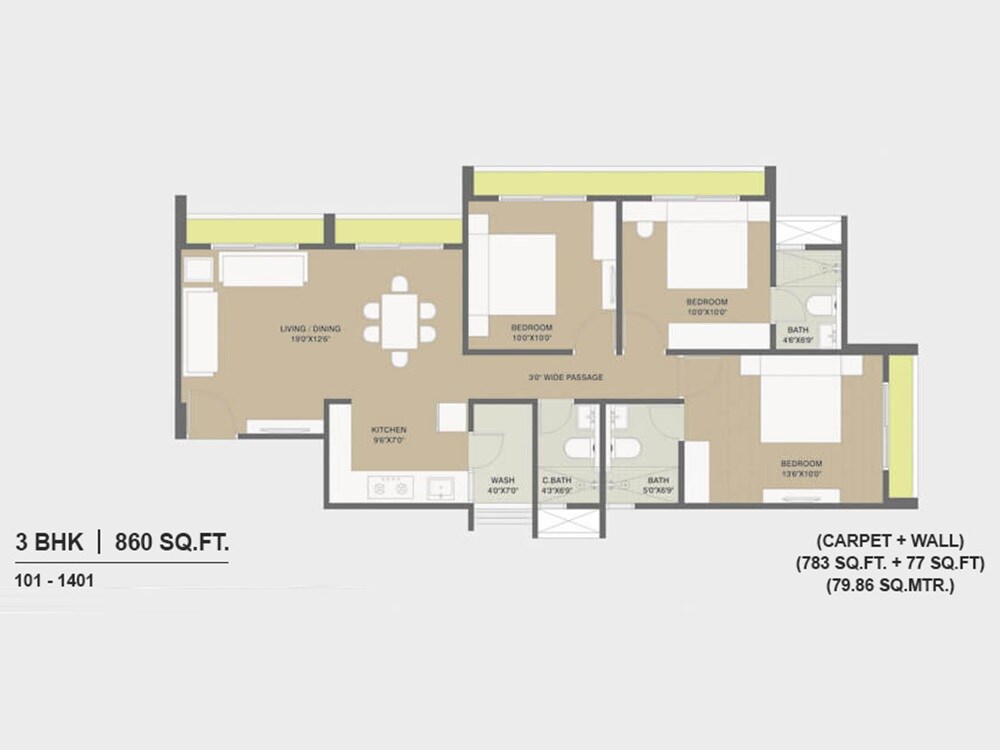 Floor plan of 3 BHK 1435 Sq. Ft. Apartment in Saanvi Sky One, Ahmedabad