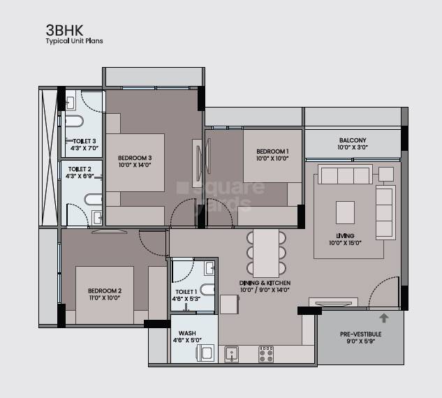 3 BHK 750 Sq. Ft. Apartment