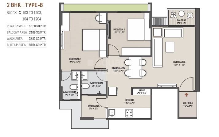 Floor plan of 2 BHK 608 Sq. Ft. Apartment in Saanvi Stella, Ahmedabad