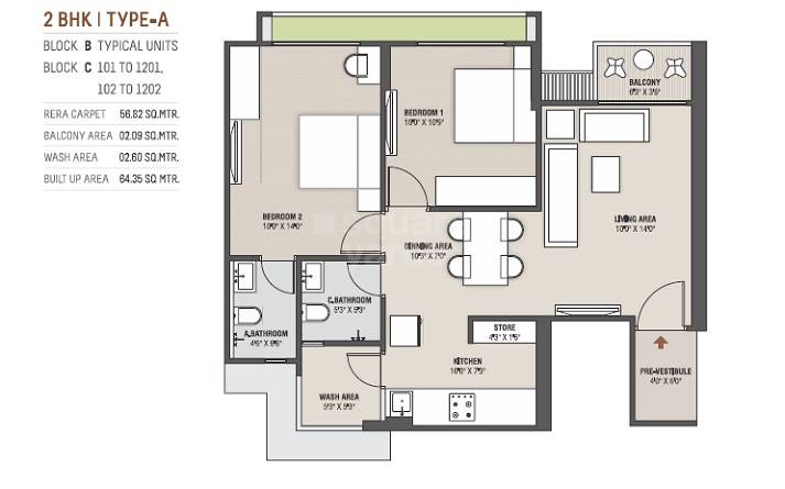 Floor plan of 2 BHK 612 Sq. Ft. Apartment in Saanvi Stella, Ahmedabad