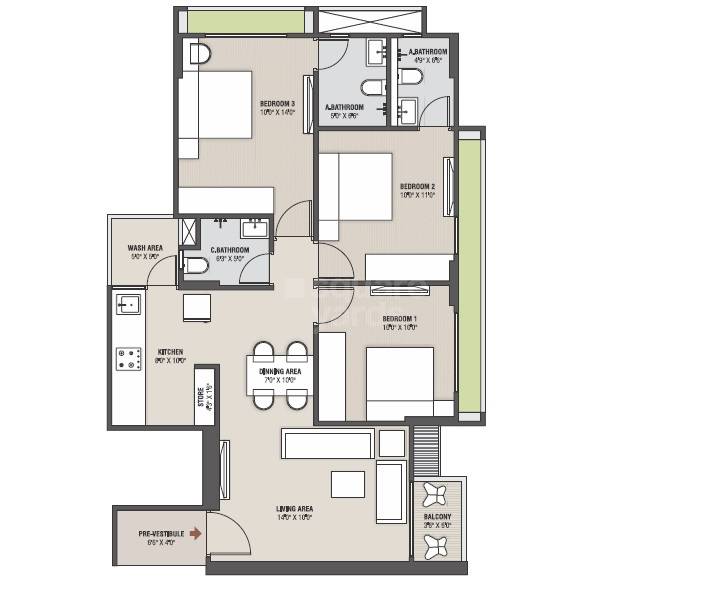 Floor plan of 3 BHK 768 Sq. Ft. Apartment in Saanvi Stella, Ahmedabad