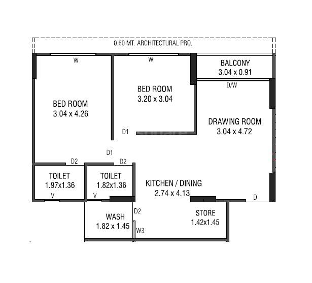 Floor plan of 2 BHK 1260 Sq. Ft. Apartment in Sacred Shivansh, Ahmedabad