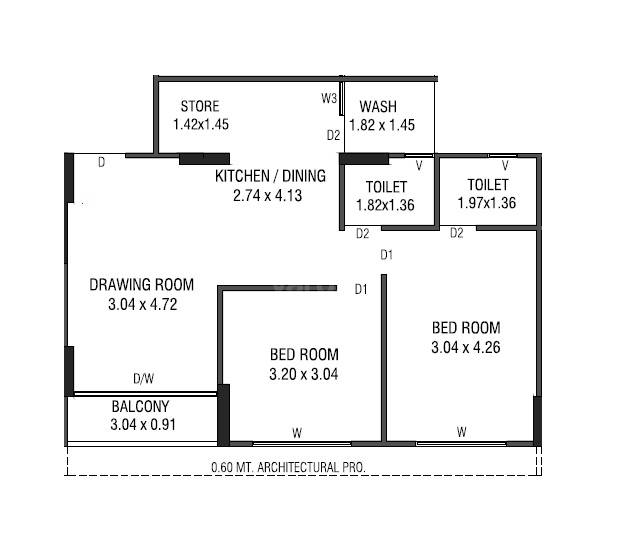 Floor plan of 2 BHK 1280 Sq. Ft. Apartment in Sacred Shivansh, Ahmedabad