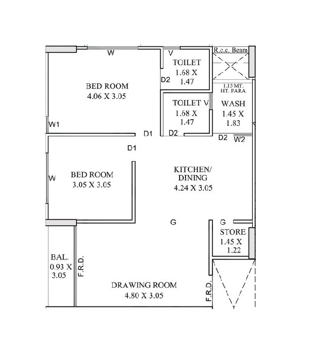 Floor plan of 2 BHK 634 Sq. Ft. Apartment in Sadguru Shyam 120, Ahmedabad