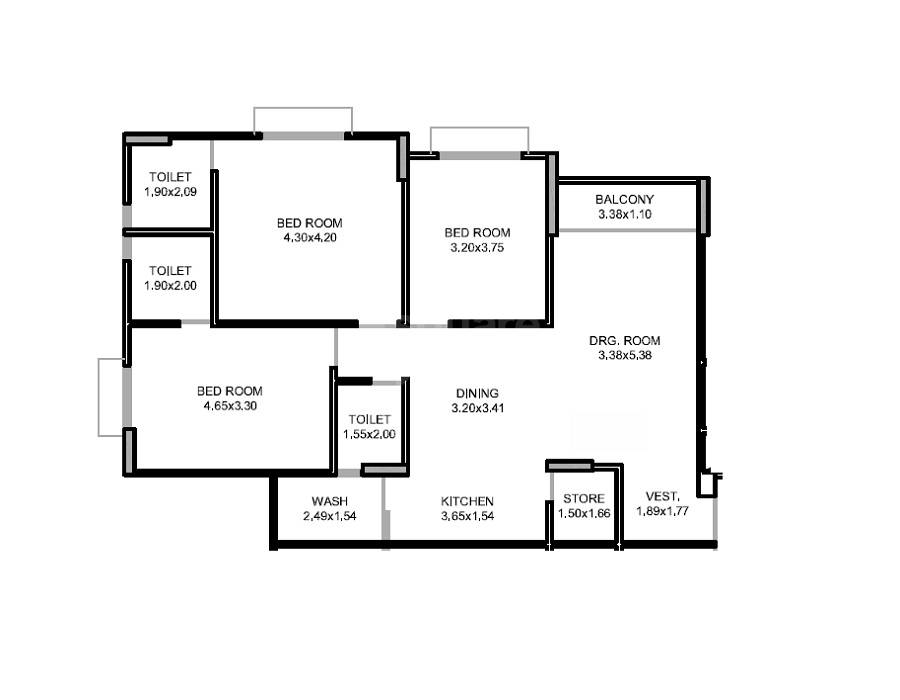 Floor plan of 3 BHK 1120 Sq. Ft. Apartment in Safaliya Shruti Apartment, Ahmedabad