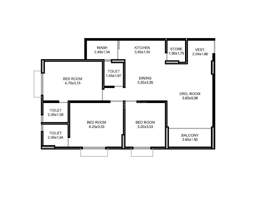 Floor plan of 3 BHK 869 Sq. Ft. Apartment in Safaliya Shruti Apartment, Ahmedabad