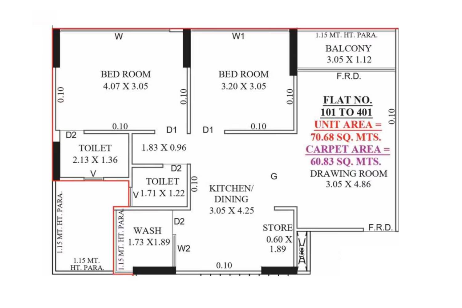 Floor plan of 2 BHK 655 Sq. Ft. Apartment in Saffron Sky Nikol, Ahmedabad