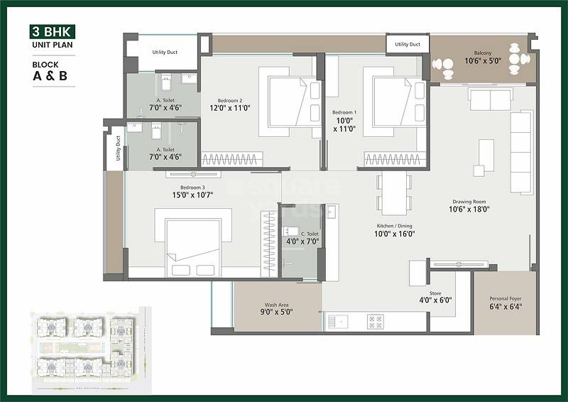 Floor plan of 3 BHK 2025 Sq. Ft. Apartment in Sahjanand Saffron Flora, Ahmedabad
