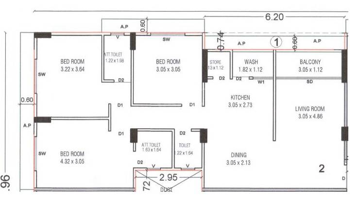 Floor plan of 3 BHK 854 Sq. Ft. Apartment in Samanvay Mango Oasis, Ahmedabad