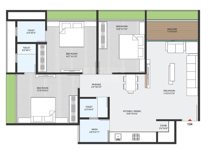 Floor plan of 3 BHK 829 Sq. Ft. Apartment in Samarpan Signor Skyline, Ahmedabad