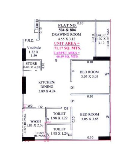 Floor plan of 2 BHK 651 Sq. Ft. Apartment in Samay Sanidhya, Ahmedabad