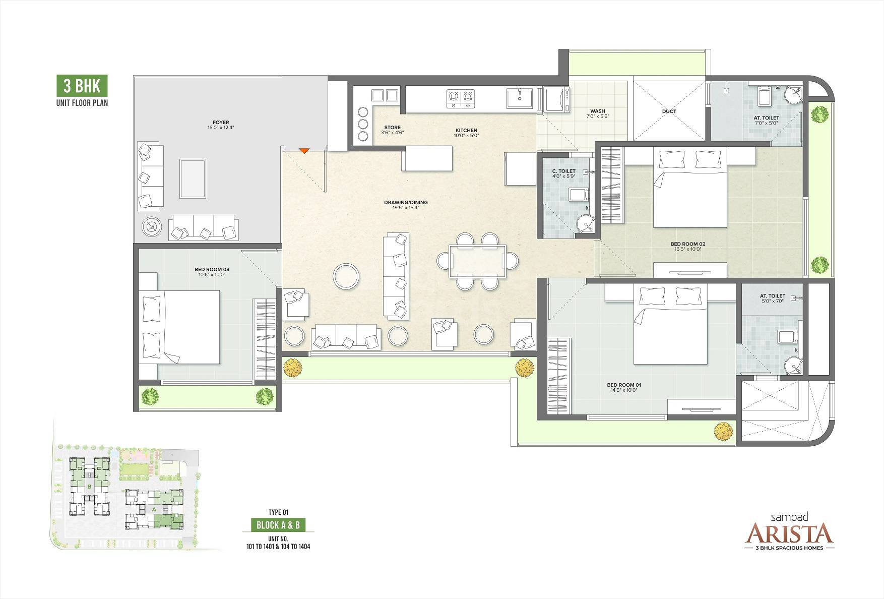 Floor plan of 3 BHK 2250 Sq. Ft. Apartment in Sampad Arista, Ahmedabad