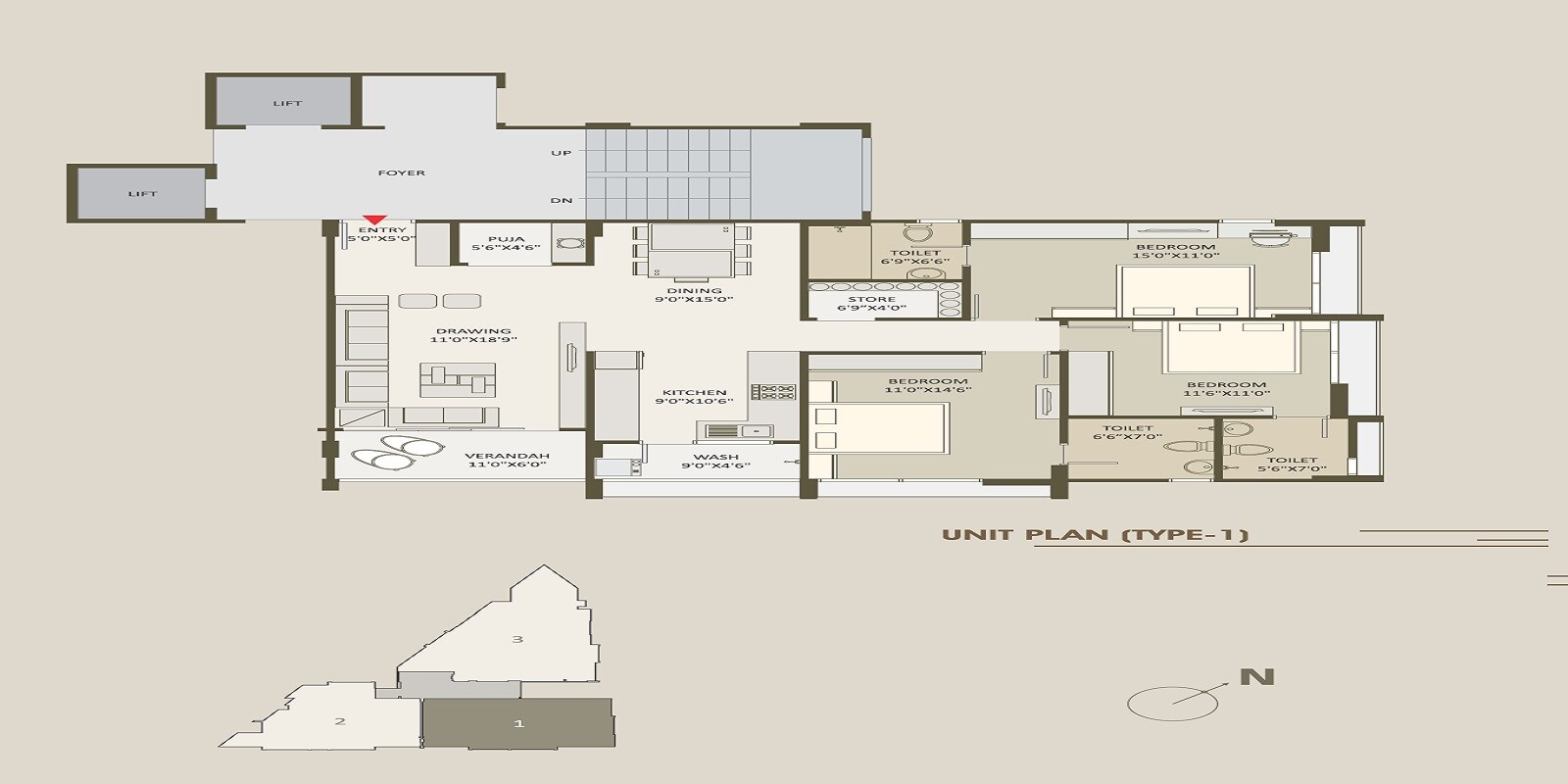 Floor plan of 3 BHK 2322 Sq. Ft. Apartment in Samruddhi Anushri Pratistha, Ahmedabad