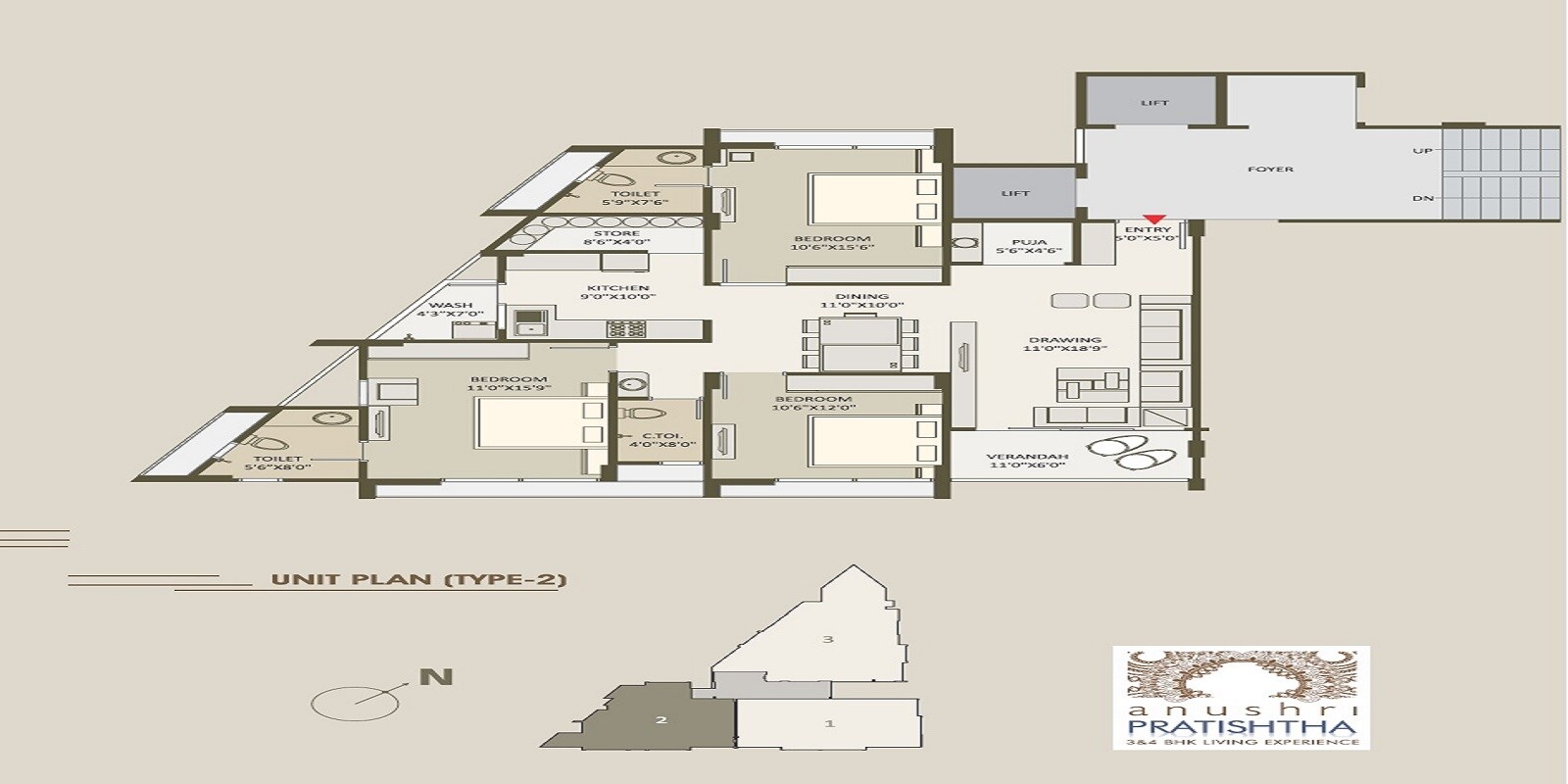 Floor plan of 3 BHK 2500 Sq. Ft. Apartment in Samruddhi Anushri Pratistha, Ahmedabad