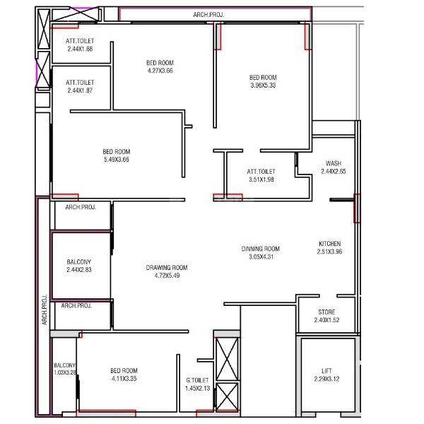 Floor plan of 4 BHK 1345 Sq. Ft. Apartment in Samved Beverly Heights, Ahmedabad