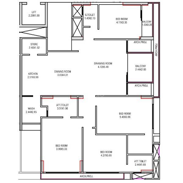 Floor plan of 4 BHK 1672 Sq. Ft. Apartment in Samved Beverly Heights, Ahmedabad