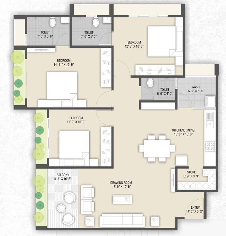 Floor plan of 3 BHK 1850 Sq. Ft. Apartment in Sangani Shaligram Lakeview, Ahmedabad