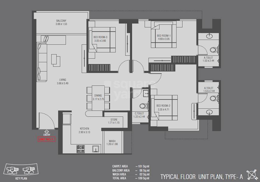 Floor plan of 3 BHK Apartment - 1087 sq. ft. in Sangath Accolade, Ahmedabad