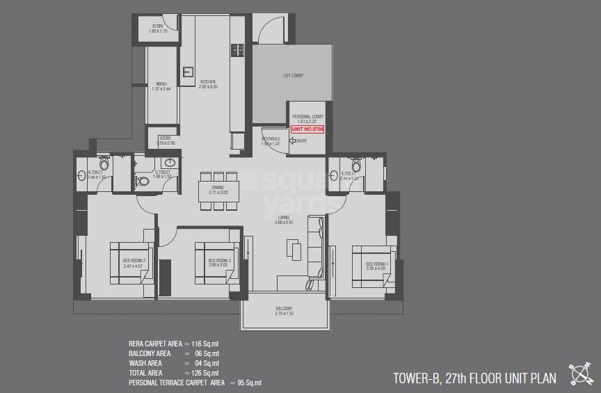 Floor plan of 3 BHK Apartment - 1249 sq. ft. in Sangath Accolade, Ahmedabad