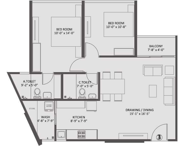 Floor plan of 2 BHK 710 Sq. Ft. Apartment in Sangath Pure, Ahmedabad