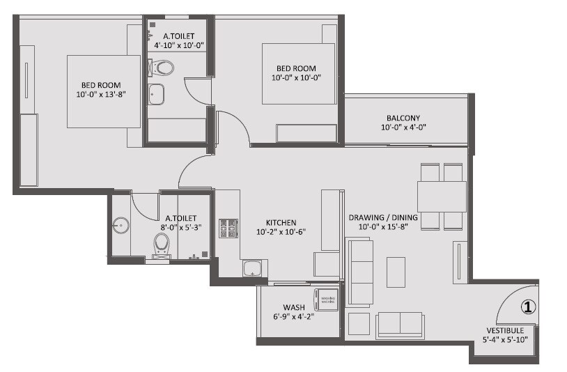 Floor plan of 2 BHK 844 Sq. Ft. Apartment in Sangath Pure, Ahmedabad