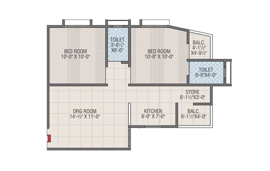 Floor plan of 2 BHK 1295 Sq. Ft. Apartment in Sanidhya Flora, Ahmedabad