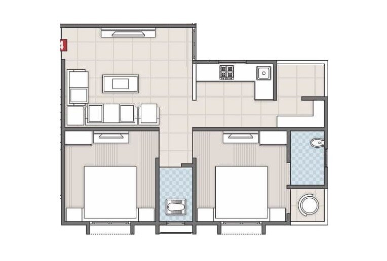 Floor plan of 2 BHK 990 Sq. Ft. Apartment in Sanidhya Flora, Ahmedabad