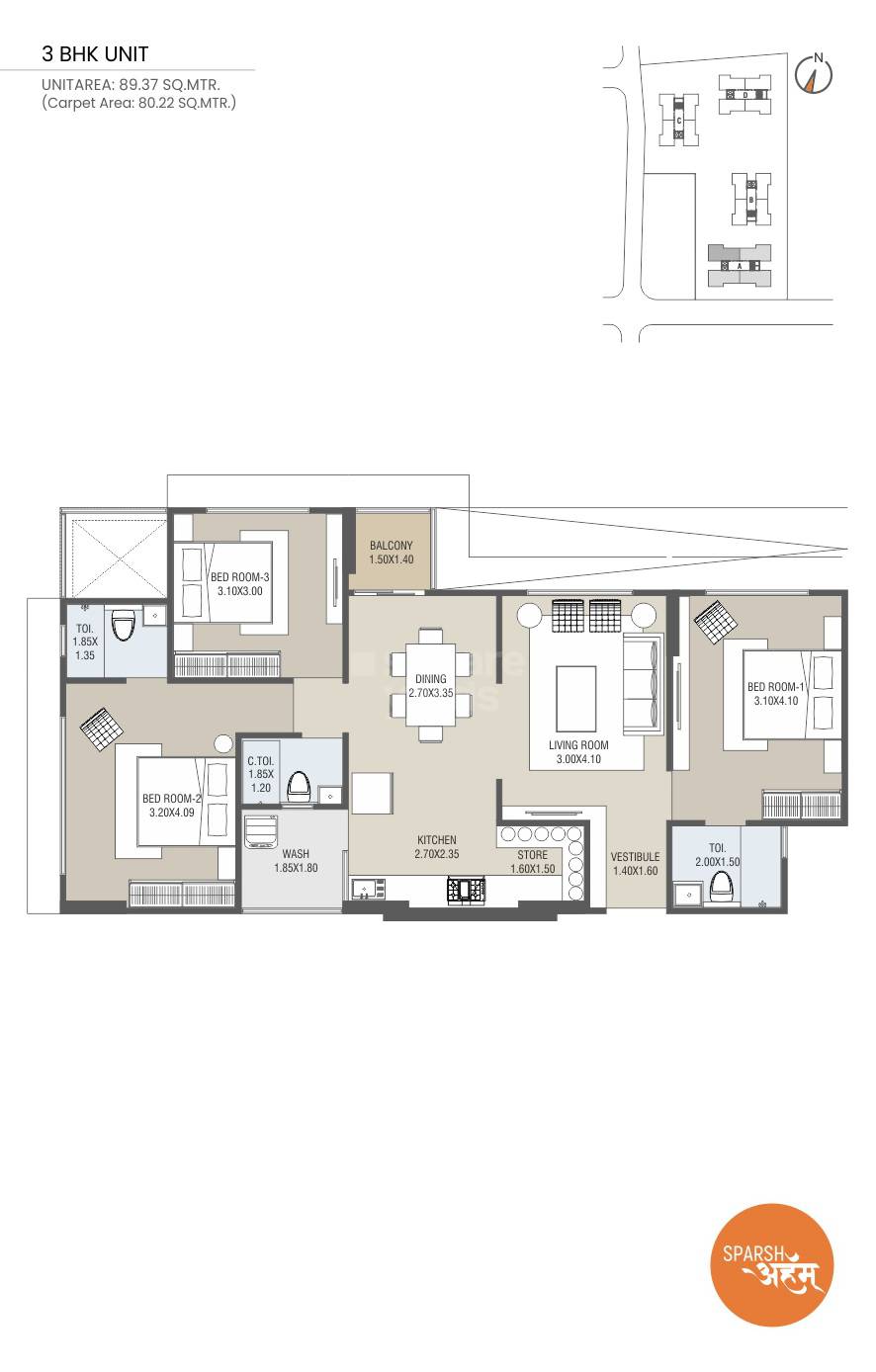 Floor plan of 3 BHK Apartment - 863 sq. ft. in Saral Sparsh Arham, Ahmedabad