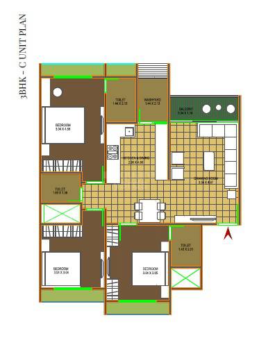 Floor plan of 3 BHK 1908 Sq. Ft. Apartment in Sarva One26, Ahmedabad