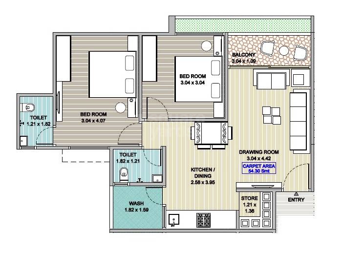 Floor plan of 2 BHK 584 Sq. Ft. Apartment in Sarvoday Vrunda Vihar, Ahmedabad