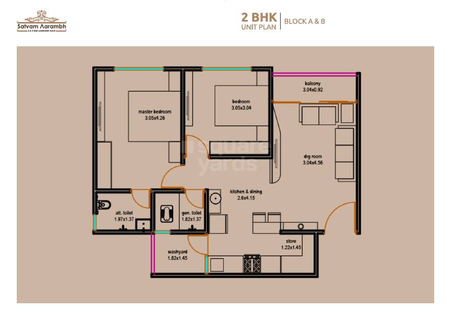 Floor plan of 2 BHK 610 Sq. Ft. Apartment in Satvam Aarambh, Ahmedabad